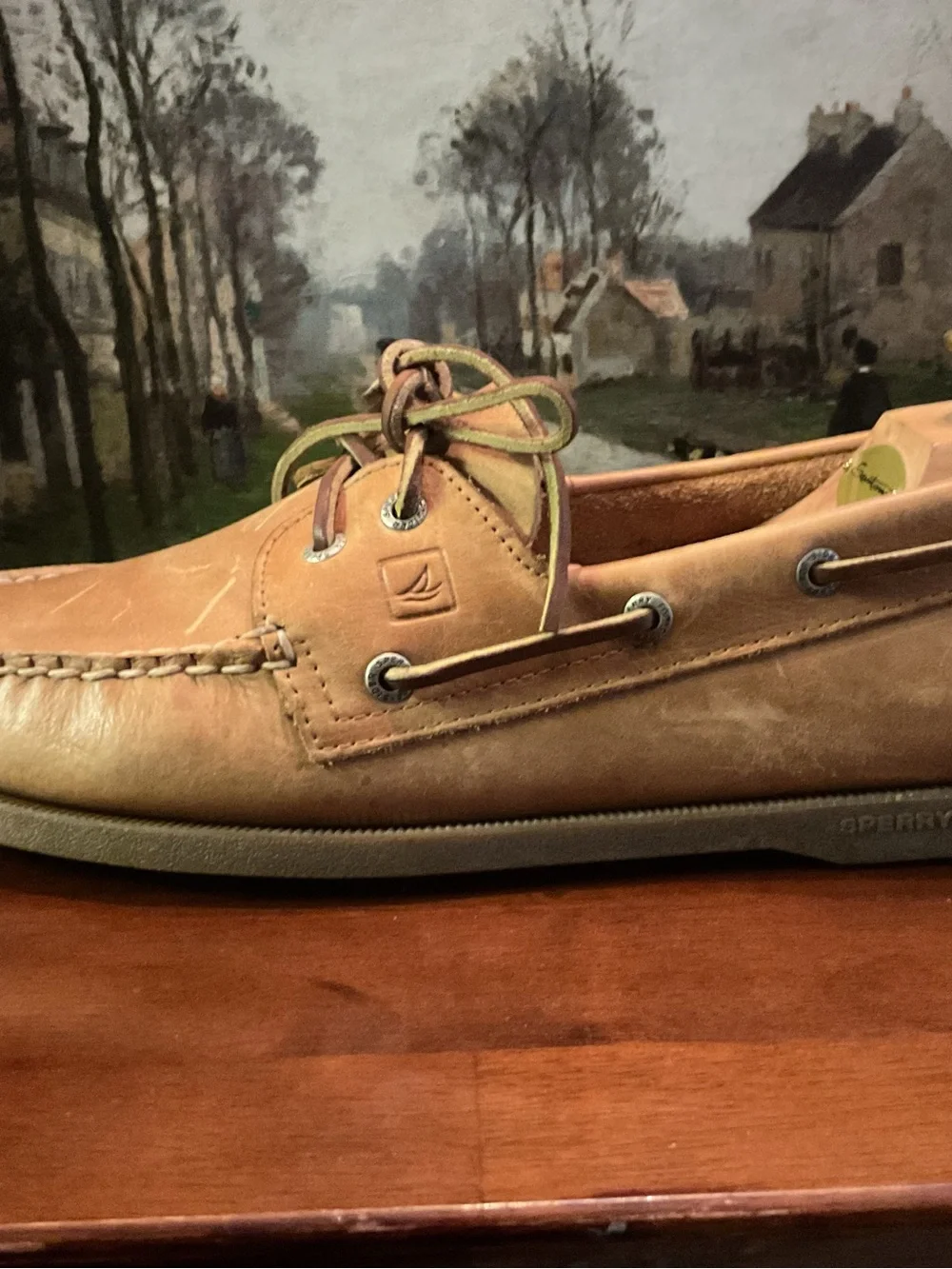 Sperry Two-Eye Tan Leather Boat Shoe with Olive Laces